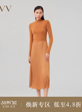 OVVOutlet秋冬新款女装针织半高领拼接梭织百褶休闲长袖连衣裙