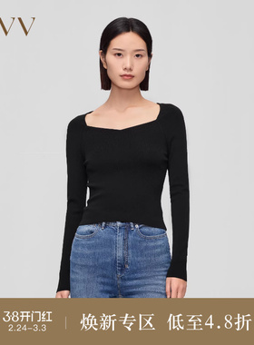 OVV Outlet秋冬新款女装羊毛混纺钻石领弹力修身套头长袖针织衫