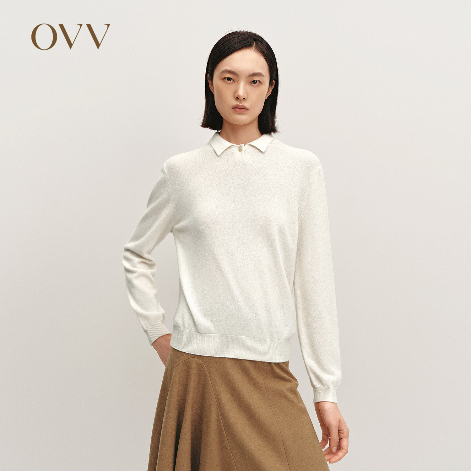 OVVOutlet秋冬热卖热卖女装蓬松舒适经典POLO领长袖休闲羊绒衫