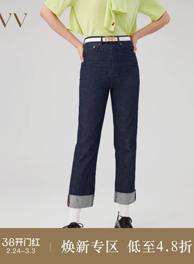 OVV秋冬新款女装意大利进口面料棉质翻边男友风牛仔裤