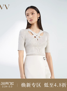 OVVOutlet春夏热卖女装金银丝不规则镂空图案中袖五分袖针织衫