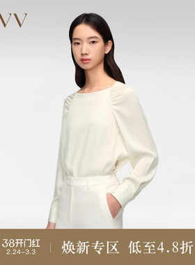 OVVOutlet春夏热卖女装20MM弹力双乔桑蚕丝肩部抽褶方领衬衫