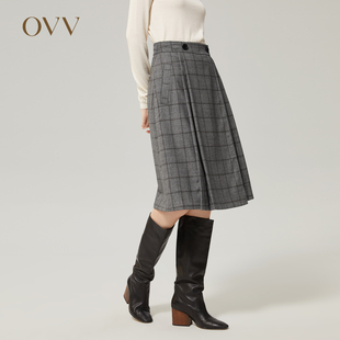 意大利进口VBC 秋冬新款 Outlet OVV 女格纹精纺羊毛A字半身裙