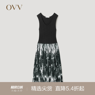 【黄金羊毛】OVVOutlet秋冬热卖女装针梭镶拼印花无袖连衣裙