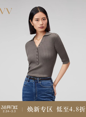 OVV秋冬热卖女装丝棉混纺POLO领罗纹修身中袖针织衫