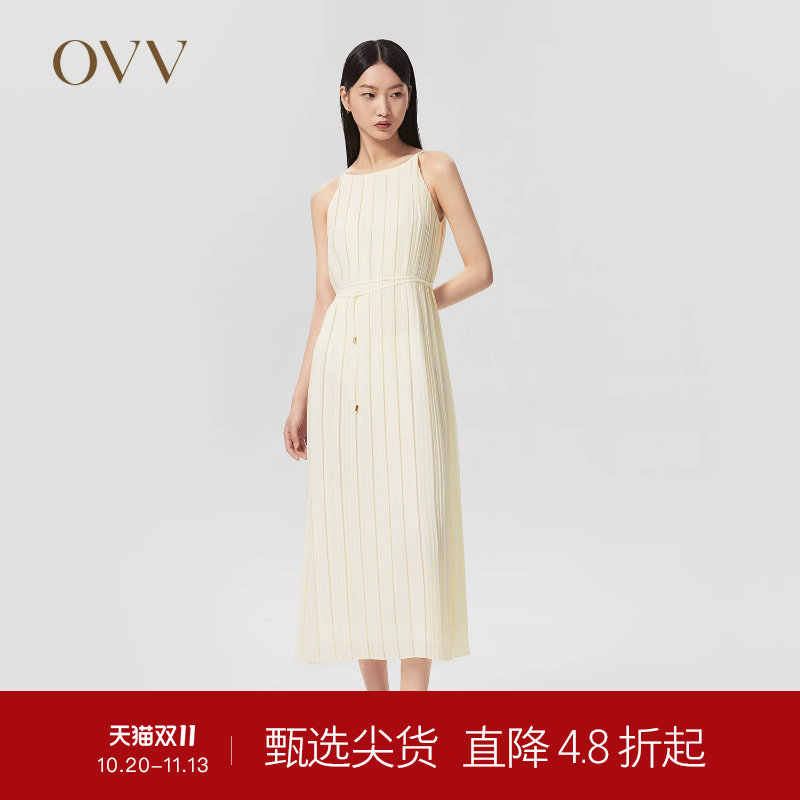 OVVOutlet 春夏热卖女装经典圆领哑光不规则飘逸百褶吊带连衣裙