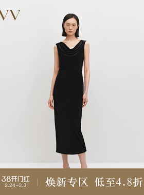【极夜丝绒】OVVOutlet秋冬热卖女装日本进口面料荡领无袖连衣裙