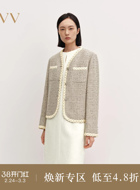 【经典粗花呢】OVVOutlet秋冬热卖女装V领保暖休闲羽绒外套