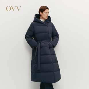 OVVOutlet秋冬热卖新款女装大横格绗线保暖蓬松连帽长款羽绒服