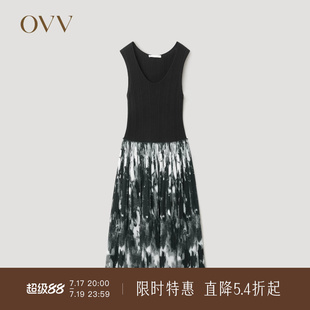 【黄金羊毛】OVVOutlet秋冬热卖女装针梭镶拼印花无袖连衣裙