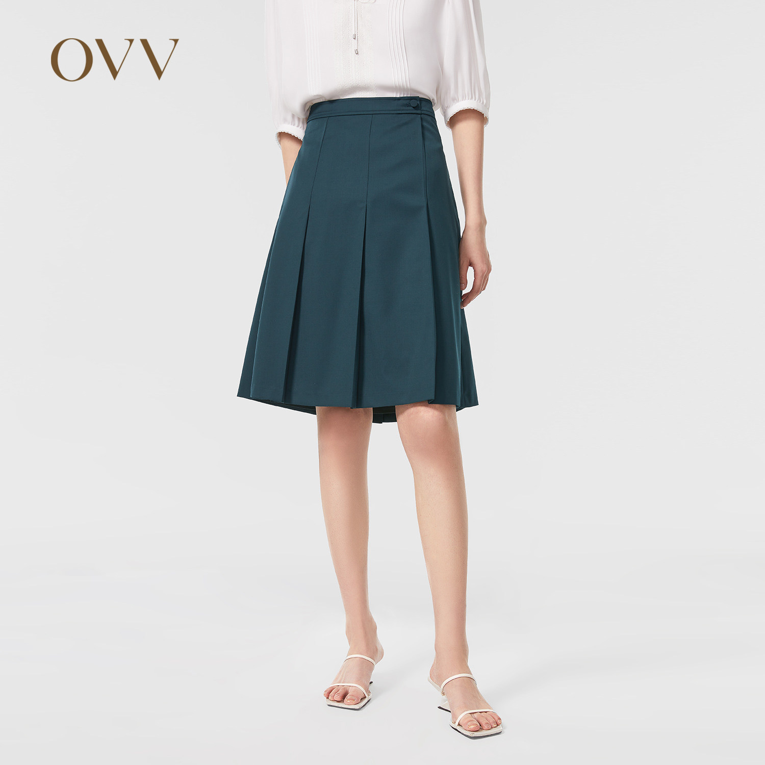 OVVOutlet 春夏热卖女装羊毛混纺经典A字挺括中长百褶通勤