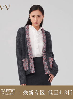 OVV Outlet 秋冬新款女撞色羊毛粗棒针手工感针织休闲开衫外套
