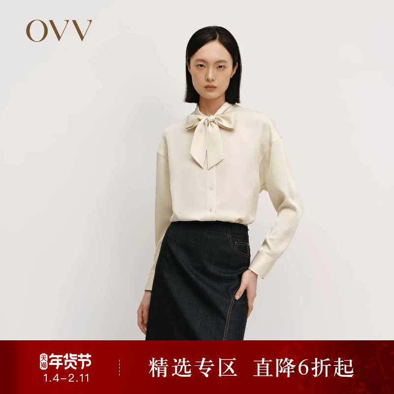 OVVOutlet秋冬热卖女装醋酸混纺优雅飘带大气长袖休闲衬衫