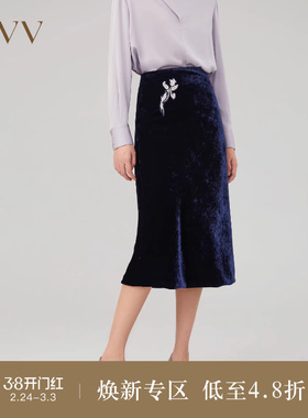 OVV Outlet秋冬新款女装高贵典雅可拆卸刺绣装饰丝绒直筒半身裙