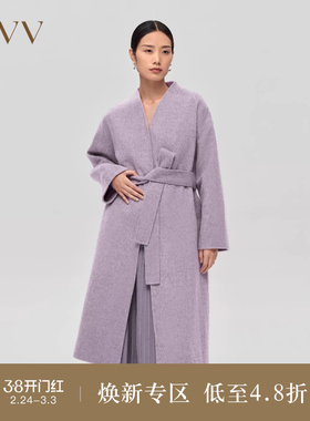 OVV秋冬新款女装杂花羊毛羊驼混纺随附腰带装饰长款大衣