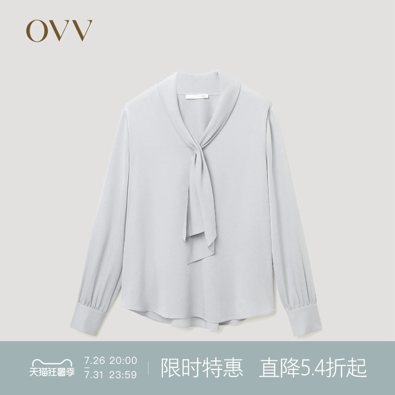 OVVOutlet秋冬热卖女装缎面醋酸V领飘带长袖休闲衬衫上衣