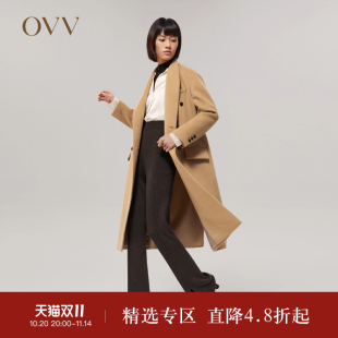 大衣 女复古双排扣戗驳领休闲保暖羊毛中长款 OVVOutlet 秋冬新款