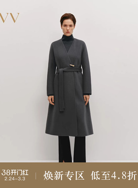 OVVOutlet秋冬热卖女装无领设计随附腰带中长羊毛双面呢大衣