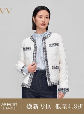 OVV秋冬热卖女装圆领特殊绗线拼边粗花呢羽绒服外套