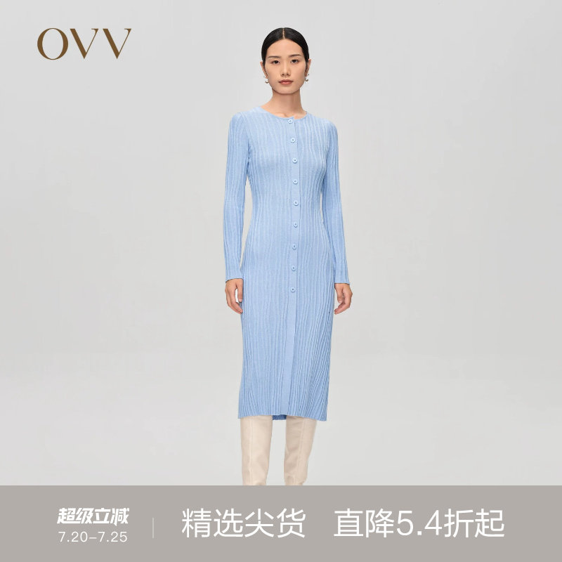 OVV Outlet 秋冬新款女羊毛立体曲线坑条装饰圆领长袖针织连衣裙