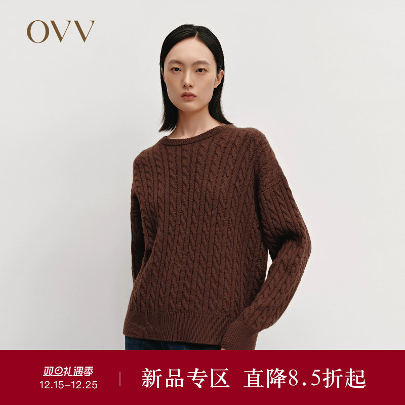 OVVOutlet秋冬热卖新款女复古立体麻花竖条纹圆领保暖轻盈羊