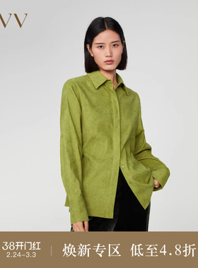 OVV Outlet秋冬新款女灯芯绒松紧收腰修身剪刀领廓形长袖休闲衬衫