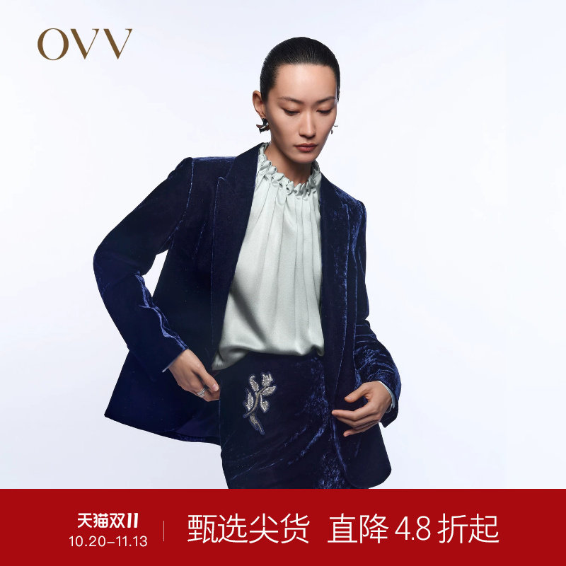 OVV Outlet秋冬热卖女装一粒扣戗驳领丝绒休闲通勤单件西服外套