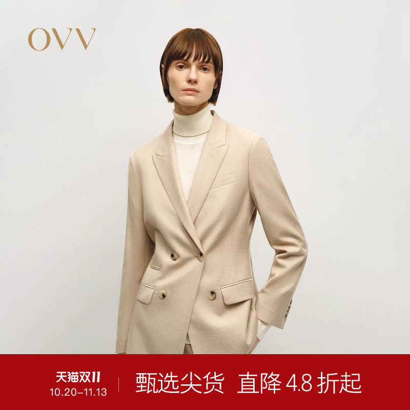 OVVOutlet秋冬热卖女装优雅戗驳领双排扣羊毛休闲西服外套