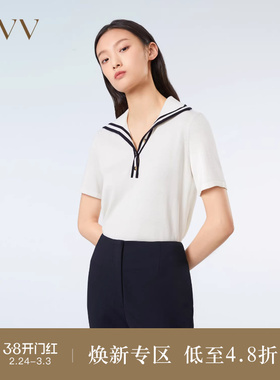 OVVOutlet春夏热卖女装丝棉混纺精致休闲半开襟海军风短袖针织衫