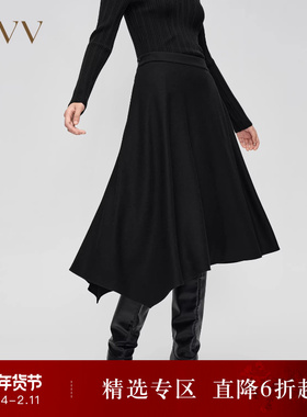 OVVOutlet秋冬新款女装不对称下摆可机洗针织羊毛A字中长款半裙