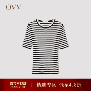 OVVOutlet秋冬热卖女装丝棉清爽条纹经典简约圆领短袖针织衫
