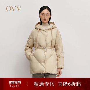OVVOutlet秋冬热卖女装中长款连帽随附腰带直筒保暖羽绒服