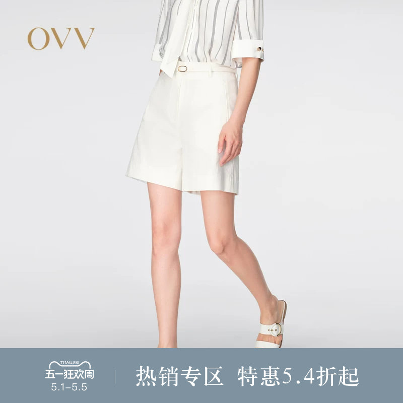 OVV春夏热卖女装棉麻混纺随附腰带经典直筒休闲短裤