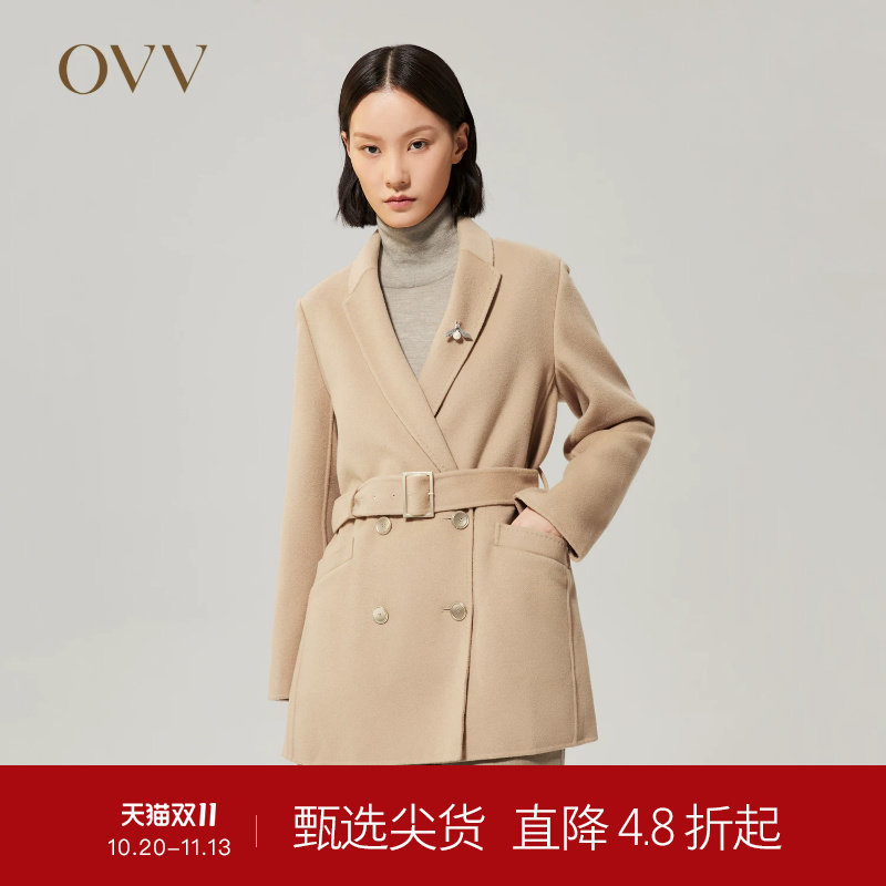 OVVOutlet秋冬女装宽松西装式随附腰带精致短款羊毛大衣