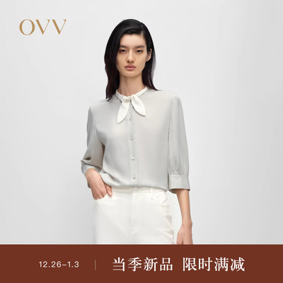 【重磅真丝】OVV2025春夏新款女装22MM建宏绉蝴蝶结短袖衬衫