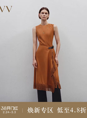 OVV Outlet秋冬新款女装不规则流苏下摆装饰皮扣复古无袖连衣裙