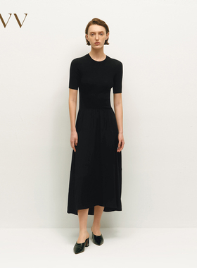 OVVOutlet秋冬热卖女装经典舒适针梭镶拼圆领A字短袖连衣裙