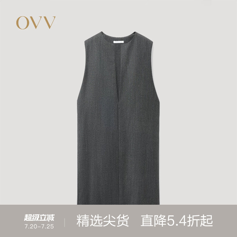 OVV2025秋冬新款女装后开衩设计舒适深V直筒无袖连衣裙