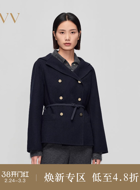 OVV秋冬热卖女装经典海军领复古双排扣配腰带短款大衣