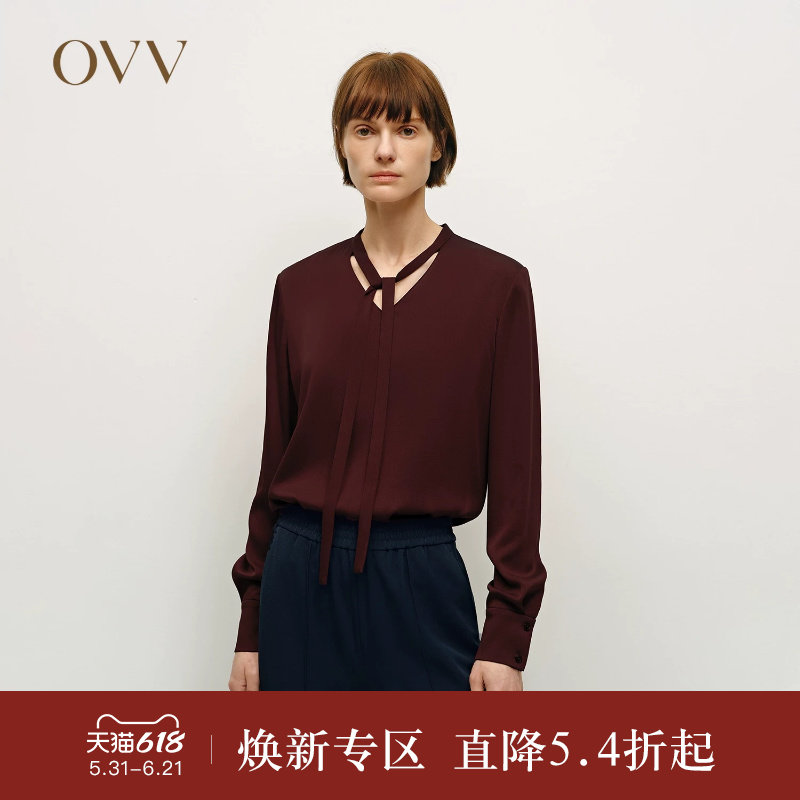 OVV秋冬热卖女装简约V领飘带优雅通勤长袖休闲衬衫