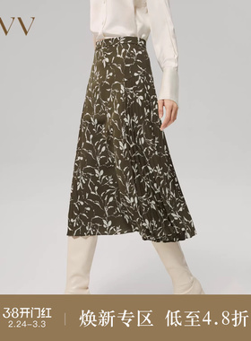 OVV Outlet秋冬女装橄榄绿印花花纹压褶舒适休闲半身裙