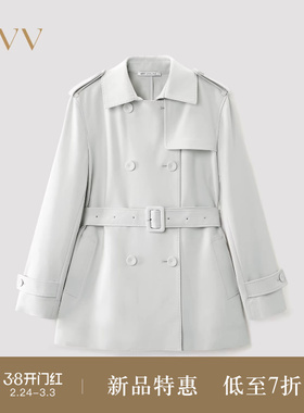 OVV2025秋冬新款女装复合工艺随附腰带双排扣小翻领风衣