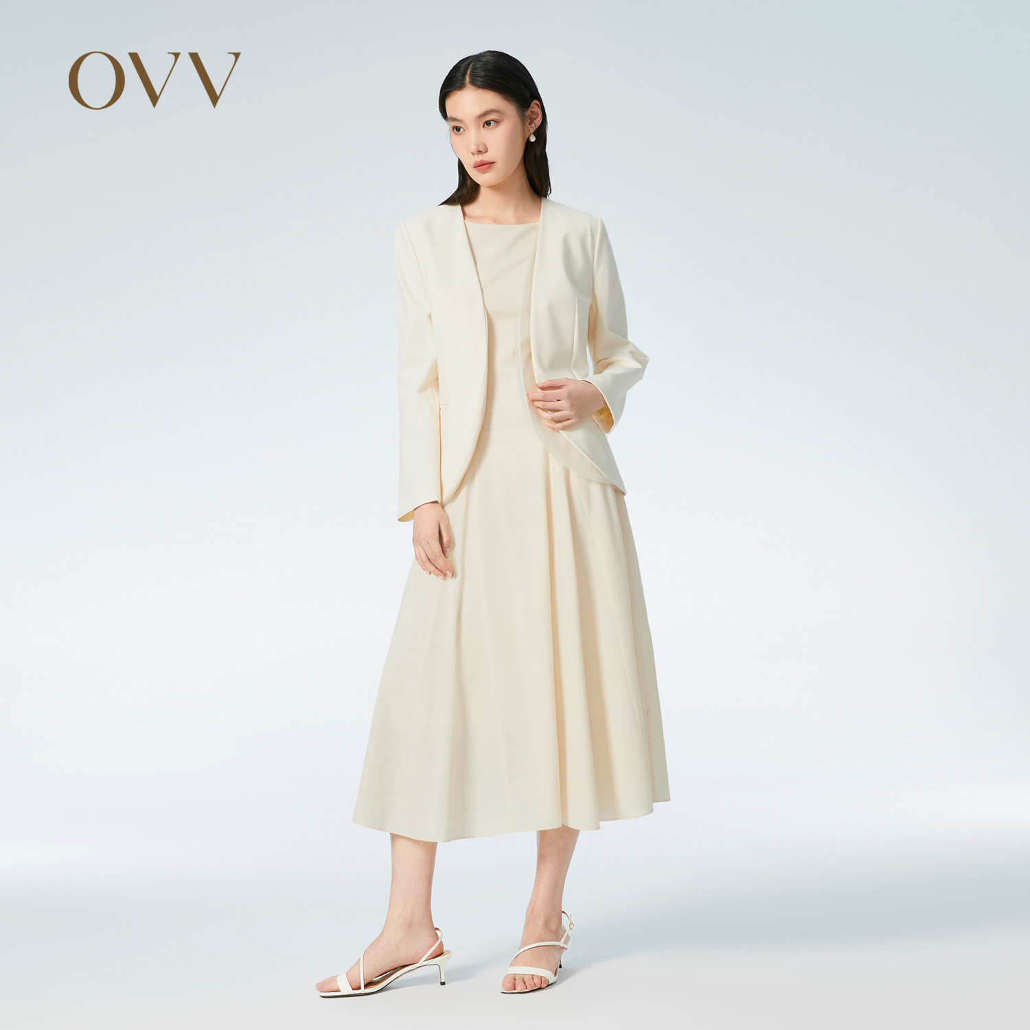 OVV春夏热卖女装弹力舒适假两件欧根纱无领单件西服外套