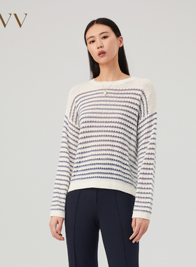 OVV秋冬新款女装镂空撞色条纹圆领海军风休闲长袖针织衫