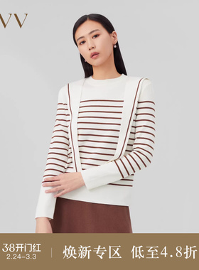 OVVOutlet秋冬新款女装丝羊毛经典条纹可脱卸海军领长袖针织衫