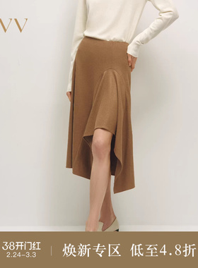 OVVOutlet秋冬热卖女装可机洗针织羊毛A字伞裙不规则半身裙
