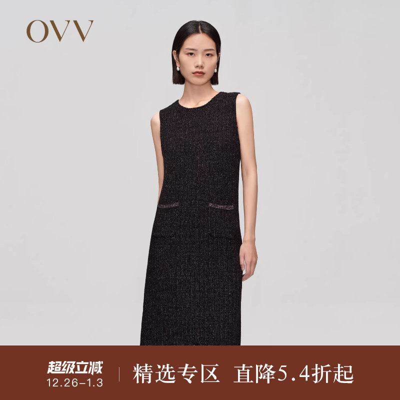 OVV Outlet 秋冬新女黄金羊毛经典无袖针织连衣裙织带优雅