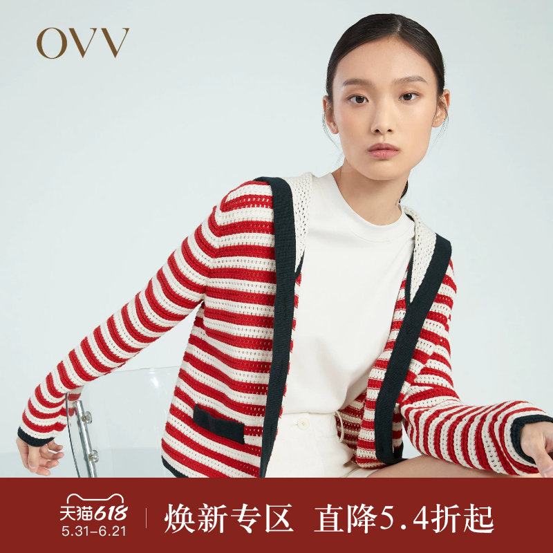 OVV春夏热卖女装新疆棉条纹海军领法式风格针织外套