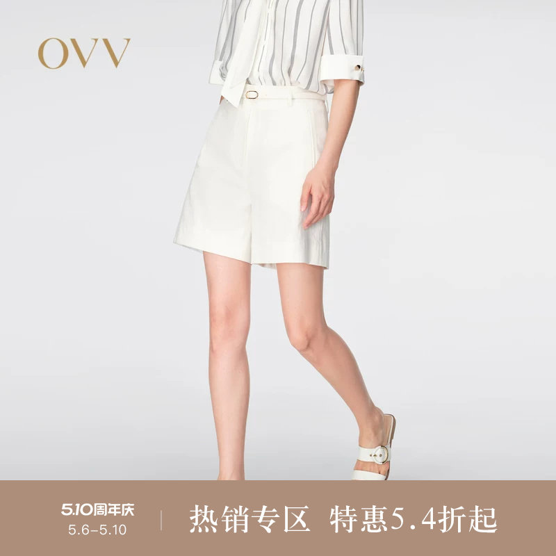 OVV春夏热卖女装棉麻混纺随附腰带经典直筒休闲短裤