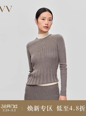OVVOutlet秋冬新款女装丝羊毛竖条纹肌理圆领休闲长袖针织衫